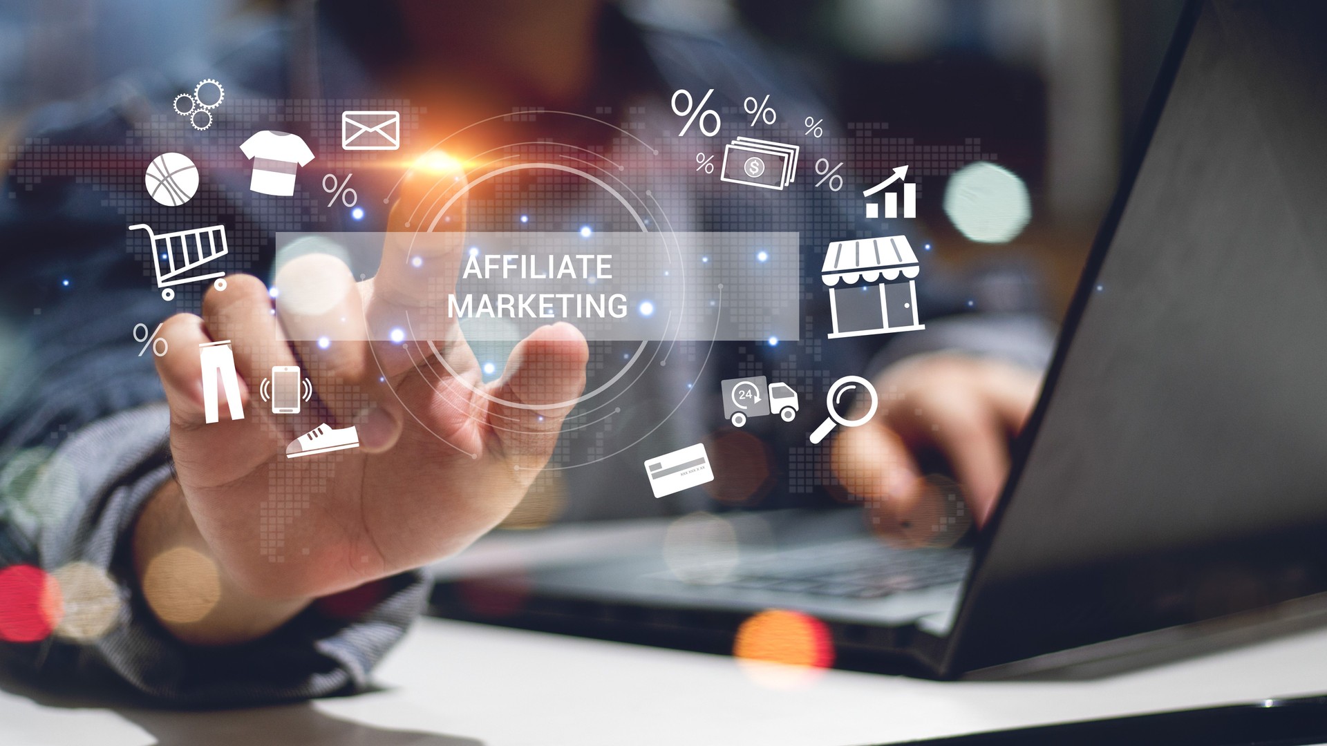 Affiliate marketing, online business model concept. Creating relationships strategy between merchants, affiliates, and customers. Generated revenue by rewarding affiliates for referring customers.